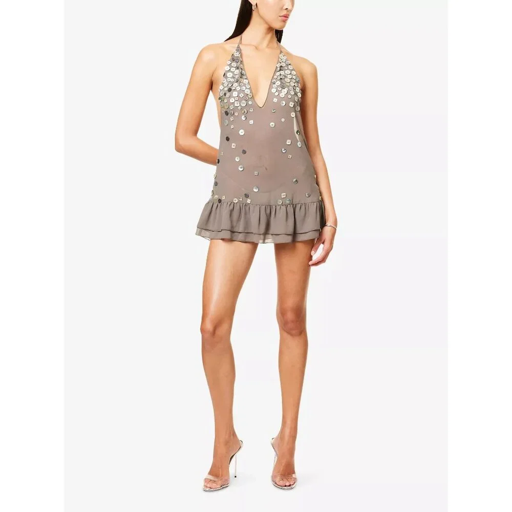 Jaded London Layered Mini Dress in Grey New Womens Sheer Halter - Picture 11 of 17